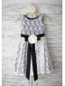 Ivory And Black Lace Knee Length Flower Girl Dress With Flower Sash
